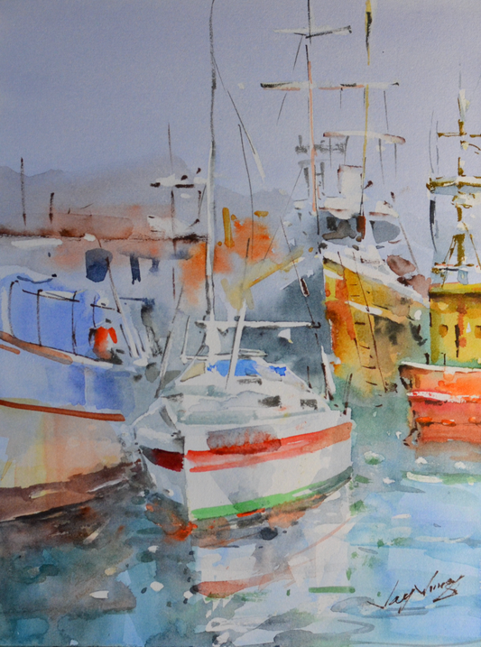 EOPS] JAY JACK JUNG (B. 1955) Original Artwork - Impressionism Fishing Boats at Dock Seascape Painting