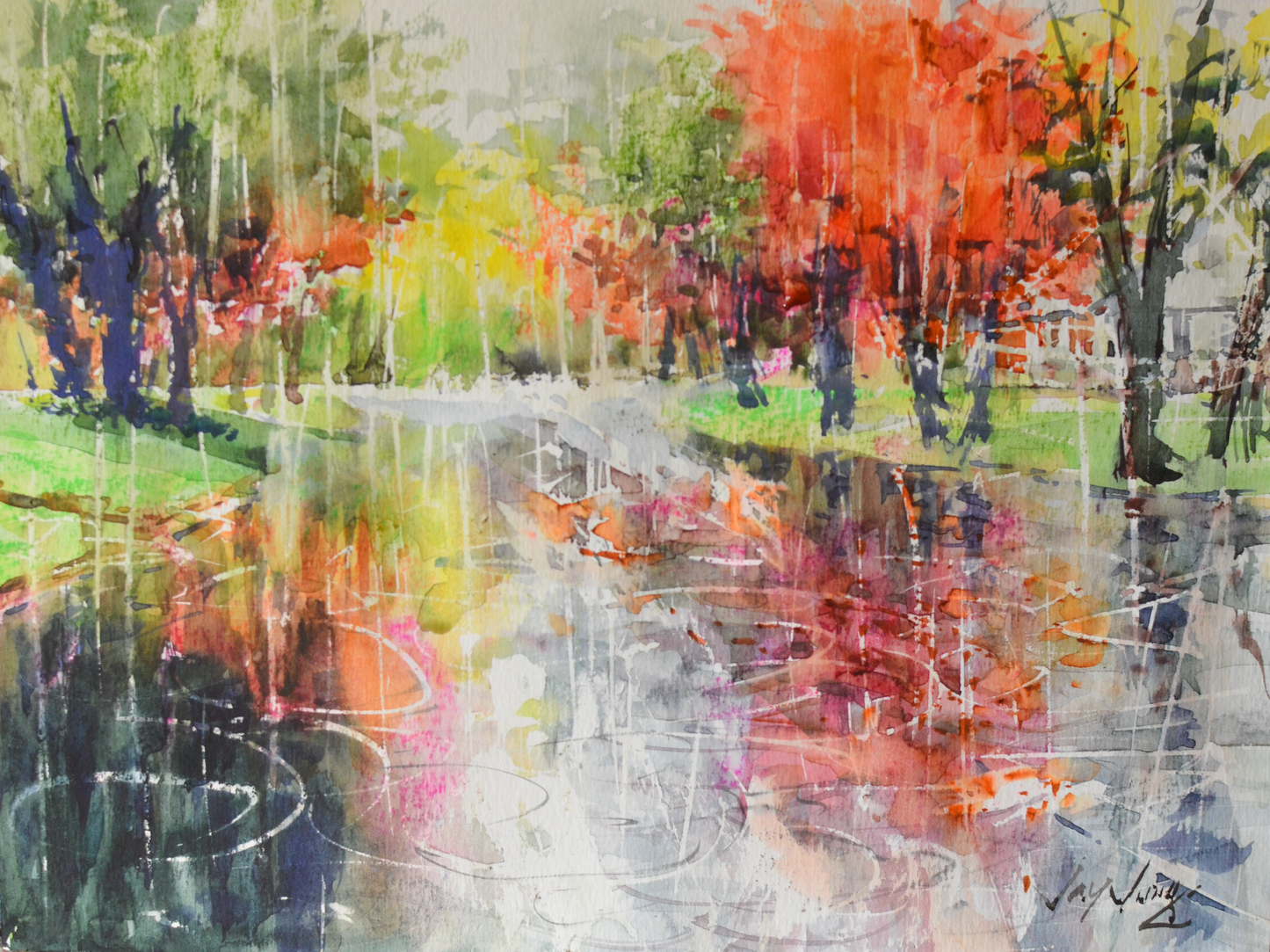 EOPL] JAY JACK JUNG (B. 1955) Original Artwork - Expressionism Rainy Day in Autumn Painting