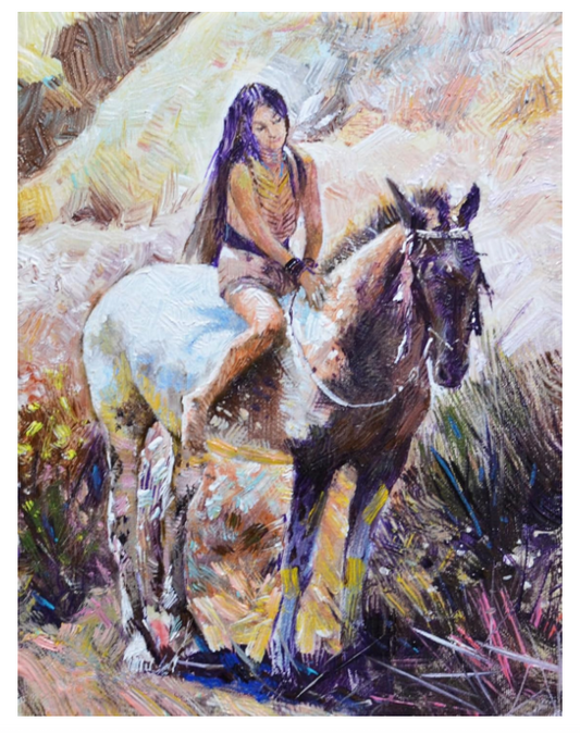 EQLE-F] Limited Edition ACEO Print - JAY JACK JUNG (1955) - Impressionism Native American Indian Woman on Horse Painting