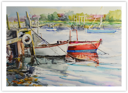 EQLE-S] Limited Edition Paper Print - JAY JACK JUNG (1955) - Fishing Boats at Dock Seascape Painting