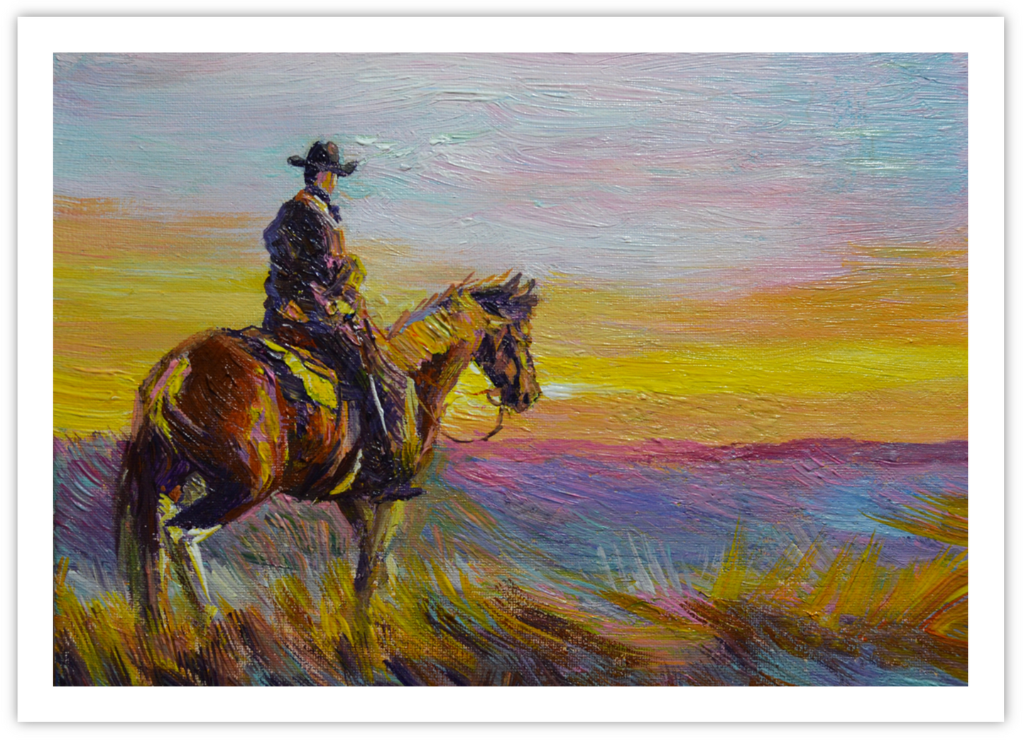 EQLE-F] Limited Edition Paper Print - JAY JACK JUNG (1955) - Cowboy at Sunset Painting