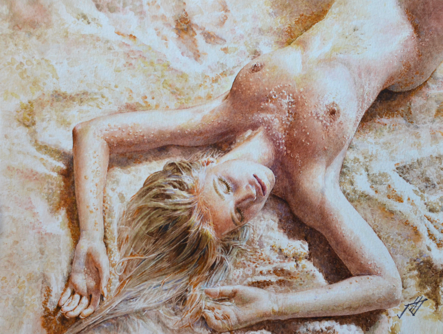 EQOP-N] JAE - Original Painting - Hyperrealism Nude Model Figure Watercolor Painting