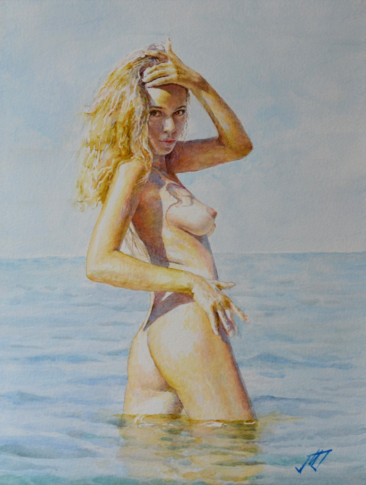 EQOP-N] JAE - Original Painting - Hyperrealism Nude Model Figure Watercolor Painting