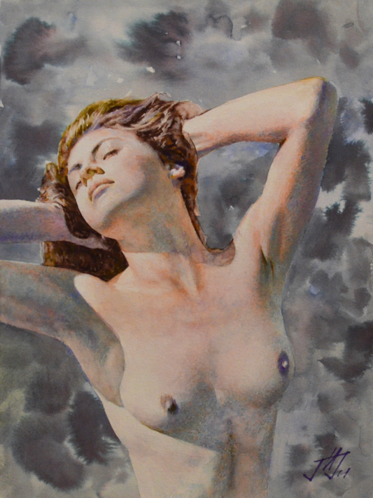 EQOP-N] JAE - Original Painting - Hyperrealism Nude Model Figure Watercolor Painting