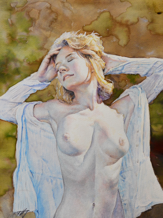 EQOP-N] JAE - Original Painting - Hyperrealism Nude Model Figure Watercolor Painting