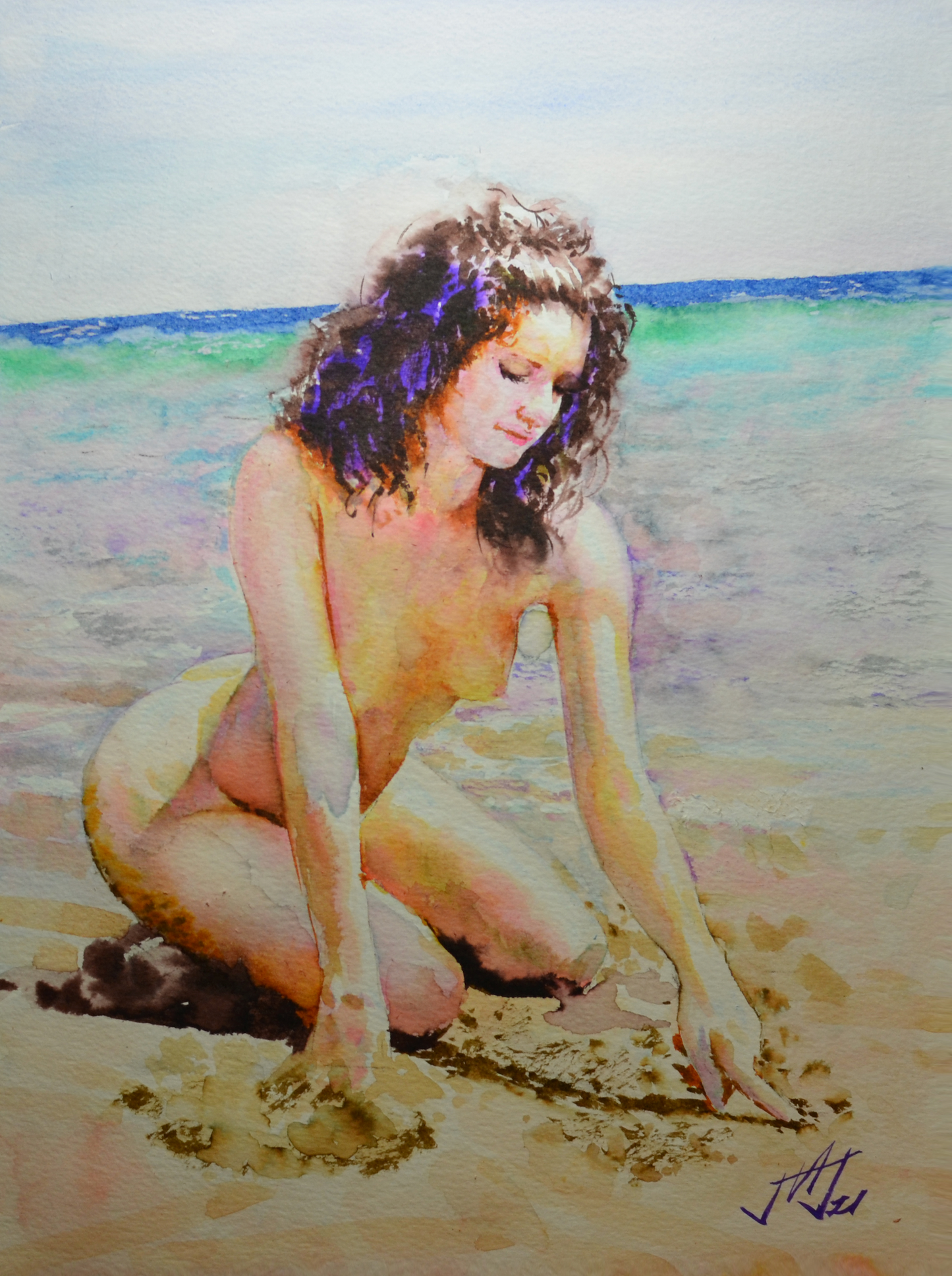 EQOP-N] JAE - Original Painting - Realism Nude Model Figure Watercolor Painting