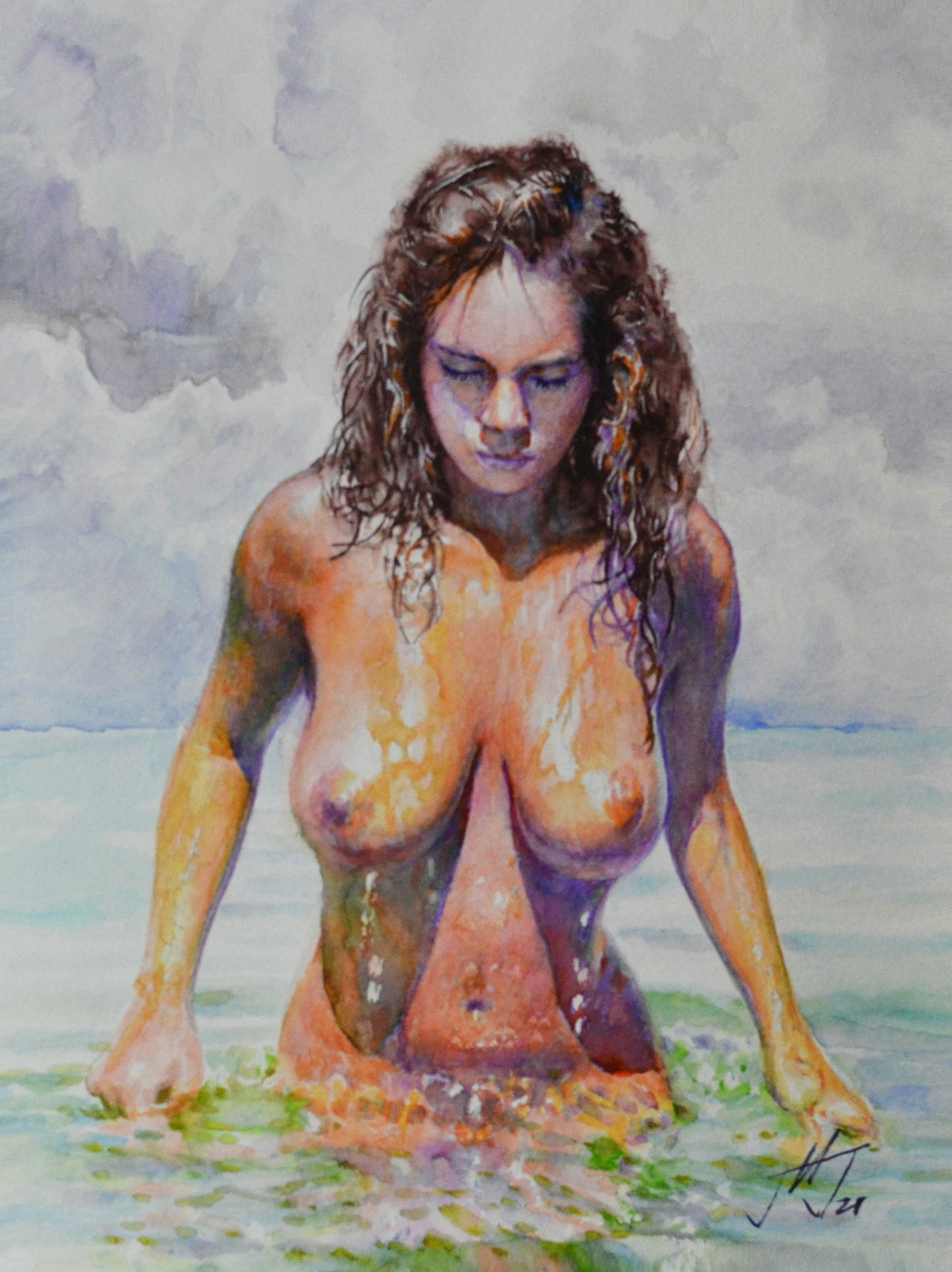 EQOP-N] JAE - Original Painting - Hyperrealism Nude Model Figure Watercolor Painting