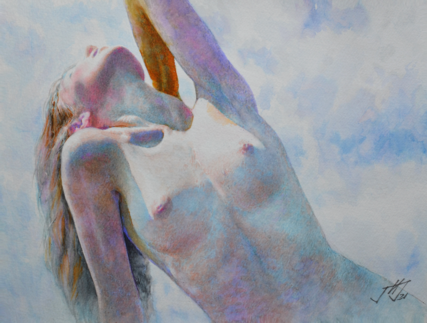 EQOP-N] JAE - Original Painting - Hyperrealism Nude Model Figure Watercolor Painting