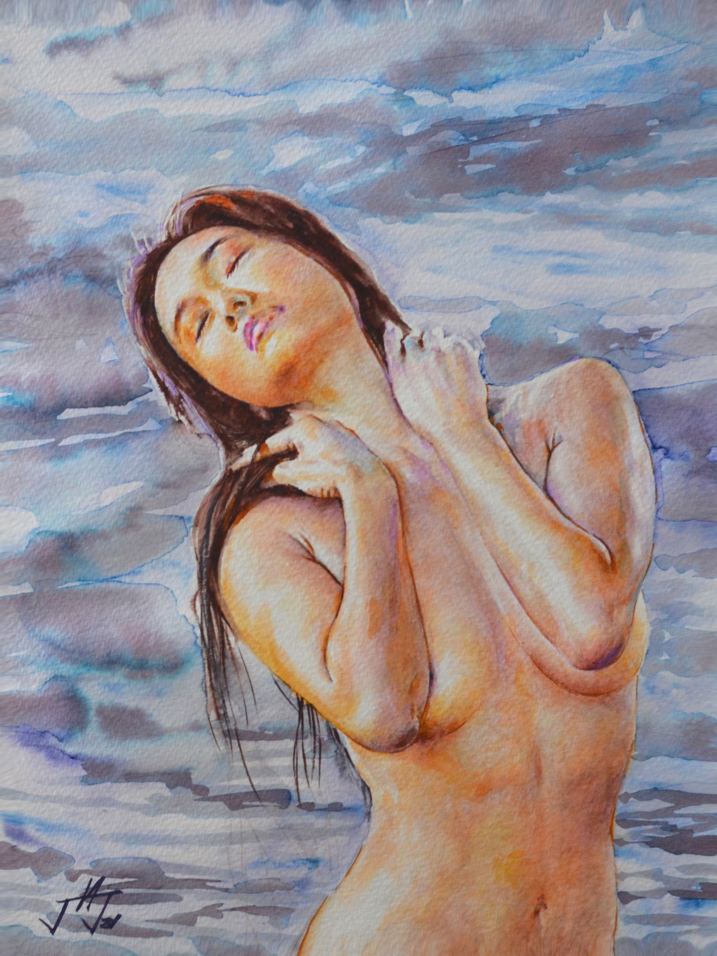 EQOP-N] JAE - Original Painting - Hyperrealism Nude Model Figure Watercolor Painting