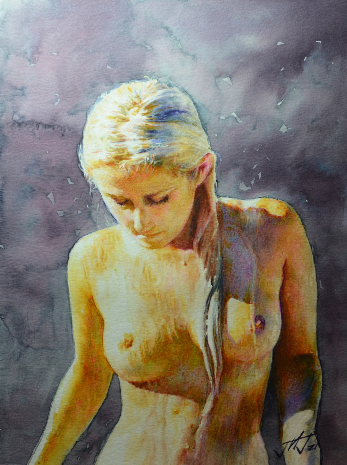 EQOP-N] JAE - Original Painting - Hyperrealism Nude Model Figure Watercolor Painting