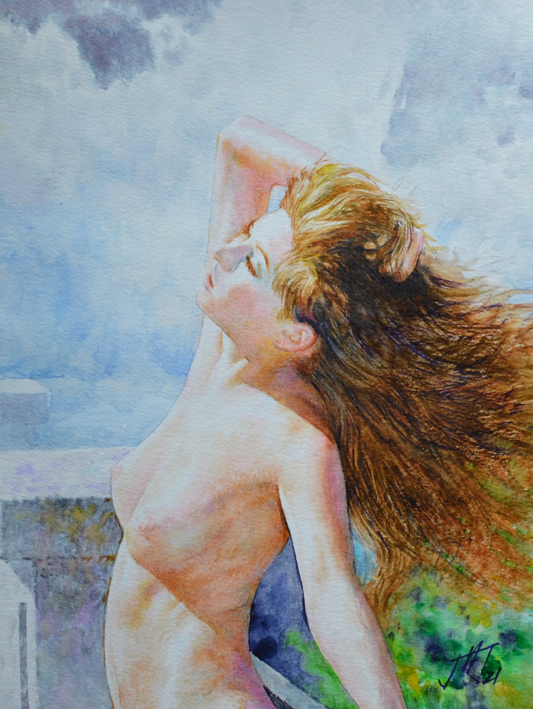 EQOP-N] JAE - Original Painting - Realism Nude Model Figure Watercolor Painting