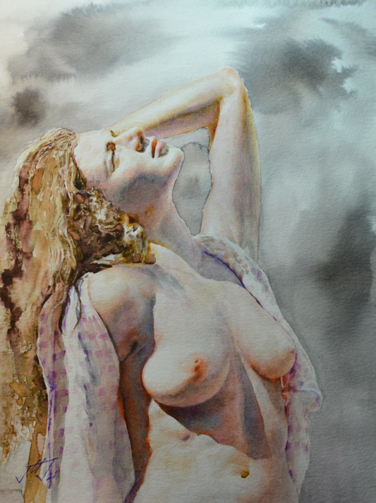 EQOP-N] JAE - Original Painting - Hyperrealism Nude Model Figure Watercolor Painting