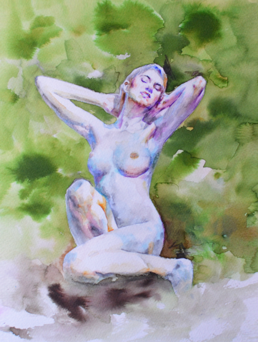 EQOP-N] JAE - Original Painting - Expressionism Nude Model Figure Watercolor Painting