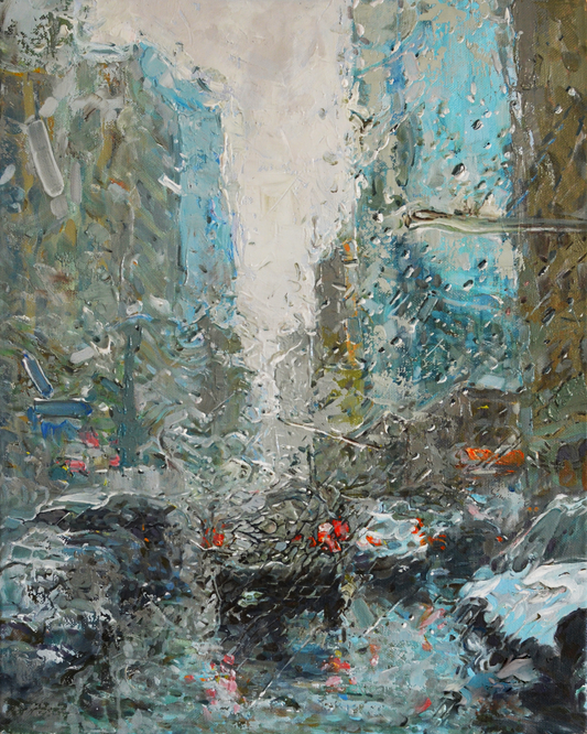 EQOP-C] JAY JACK JUNG (1955) - Original Painting - Expressionism Rainy Day in the City Cityscape Painting