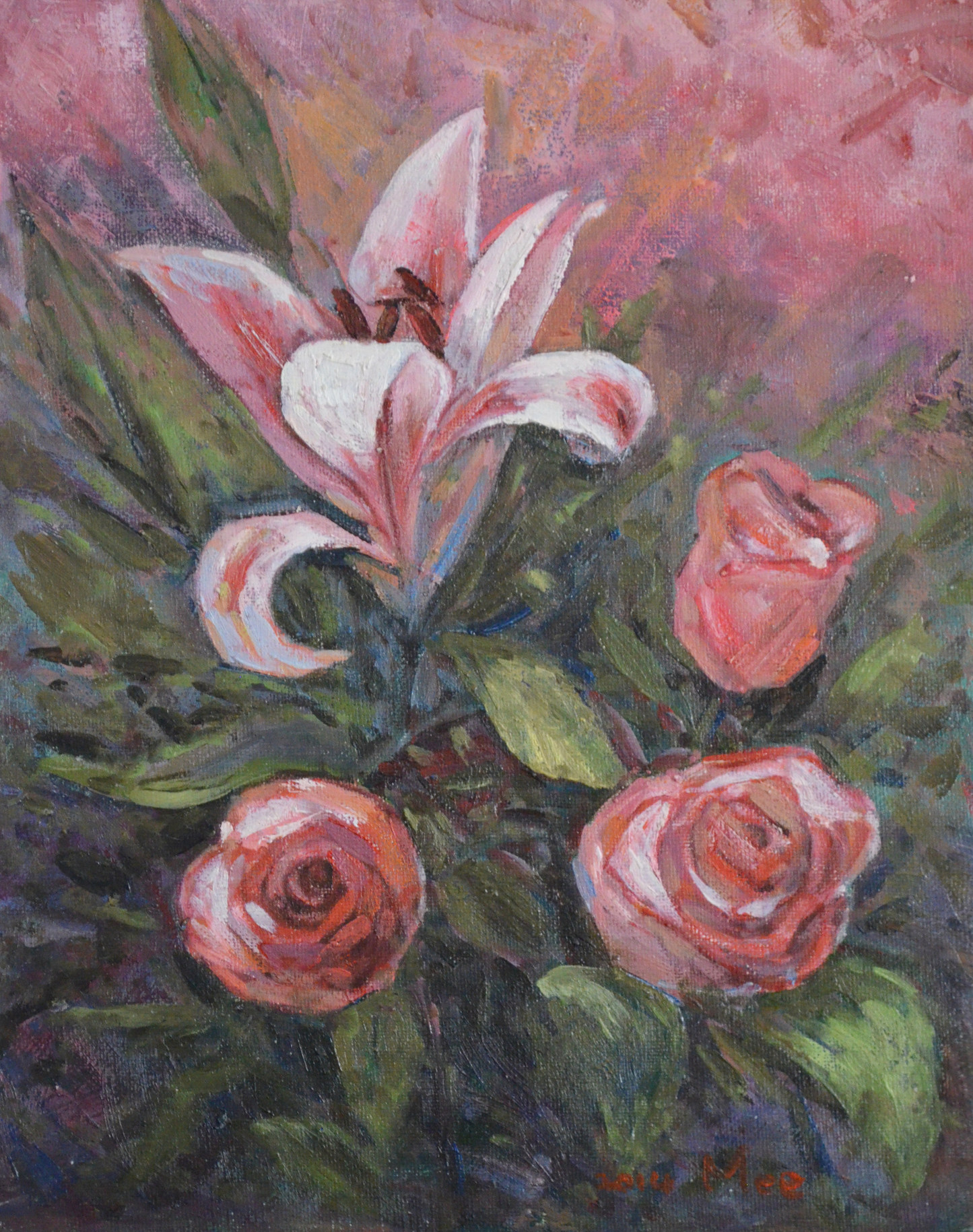 EQOP-R] MEE JUNG - Original Painting - Impressionism Pink Rose and Lily Flowers