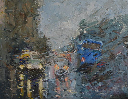 EQOP-C] JAY JACK JUNG (1955) - Original Painting - Expressionism Rainy Day in the City Cityscape Painting