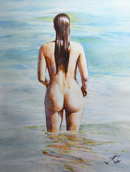 EQOP-N] JAE - Original Painting - Hyperrealism Nude Model Figure Watercolor Painting