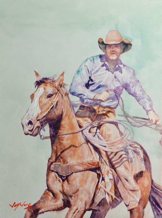 EQOP-F] JAY JACK JUNG (1955) - Original Painting - Expressionism Cowboy on Horse