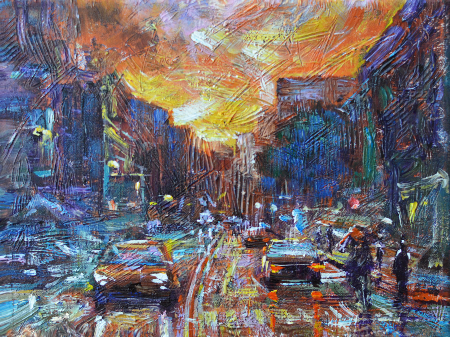 EQOP-C] JAY JACK JUNG (1955) - Original Painting - Cityscape Sunset Downtown New York City