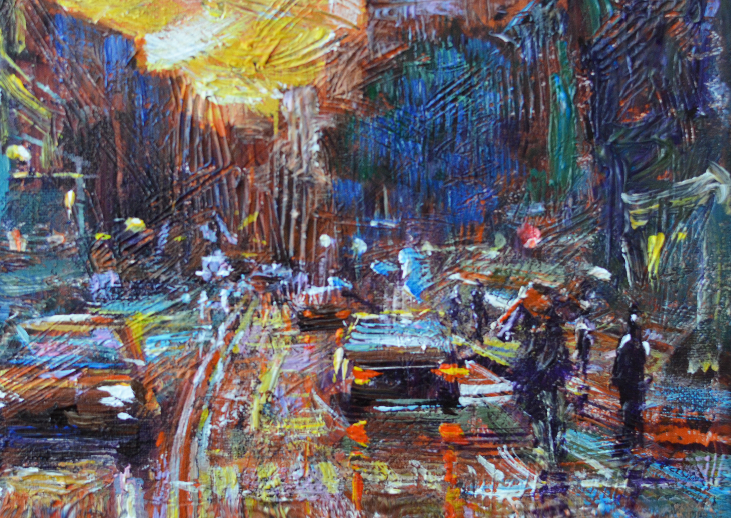 EQOP-C] JAY JACK JUNG (1955) - Original Painting - Cityscape Sunset Downtown New York City