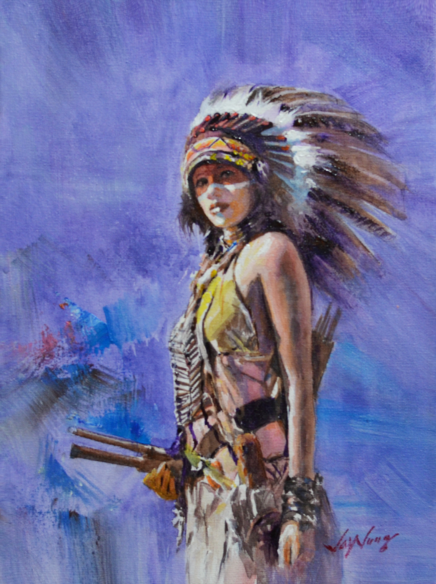 EQOP-F] JAY JACK JUNG (1955) - Original Painting - Realism Native American Indian Warrior