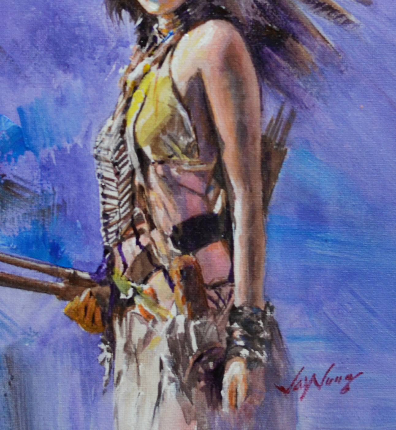 EQOP-F] JAY JACK JUNG (1955) - Original Painting - Realism Native American Indian Warrior