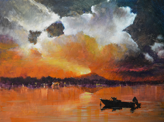 EQOP-S] JAY JACK JUNG (1955) - Original Painting - Fishing Boat at Sunset Seascape Painting