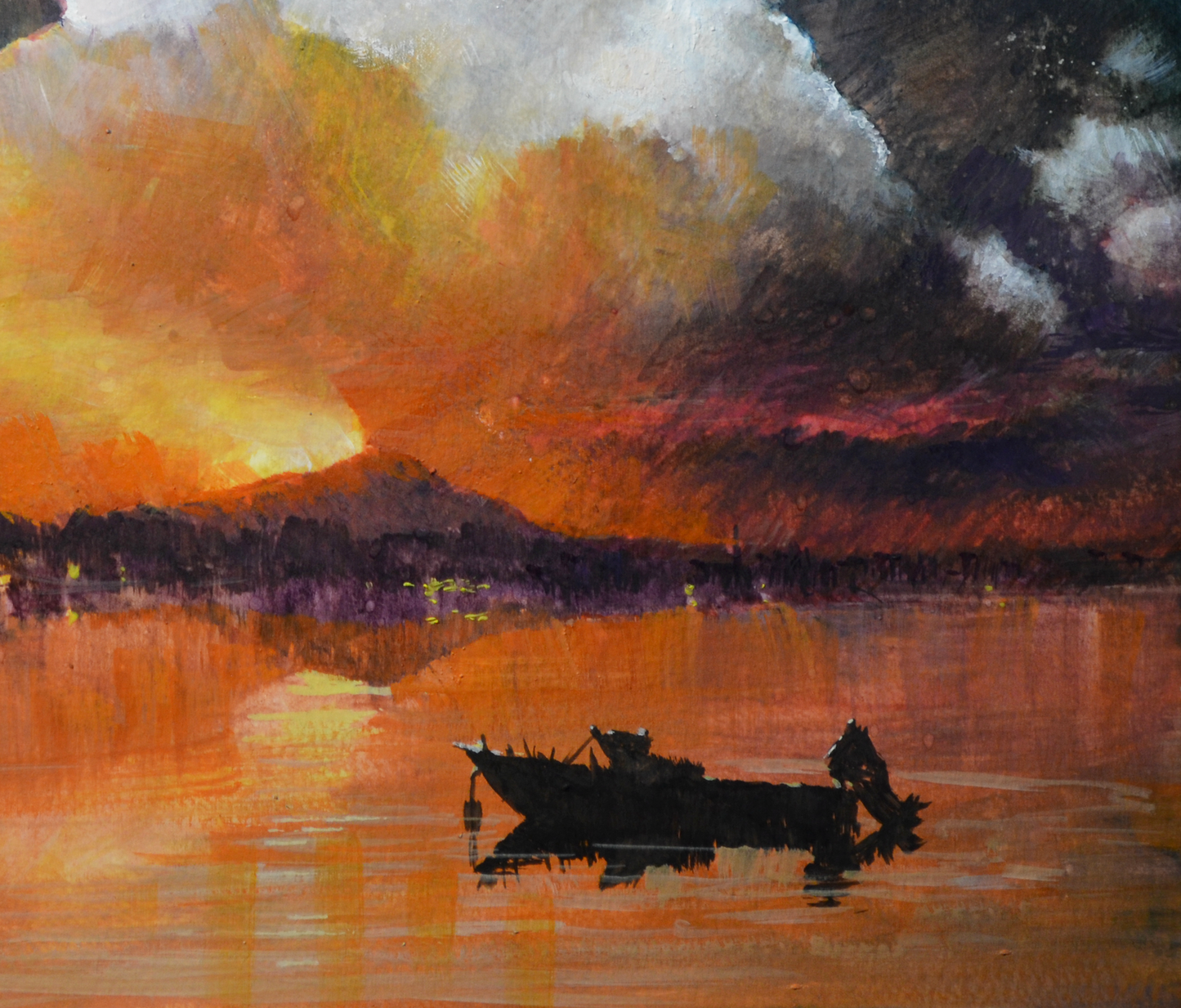 EQOP-S] JAY JACK JUNG (1955) - Original Painting - Fishing Boat at Sunset Seascape Painting