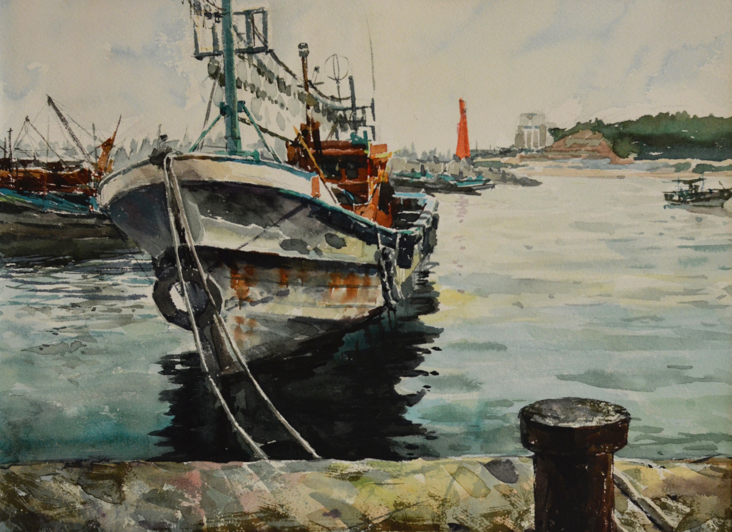 EQOP-S] JAY JACK JUNG (1955) - Original Painting - Fishing Boat at Dock Seascape Painting