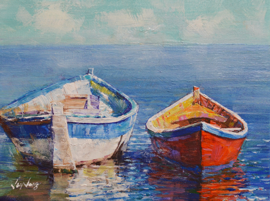 EQOP-S] JAY JACK JUNG (1955) - Original Painting - Fishing Boats Seascape