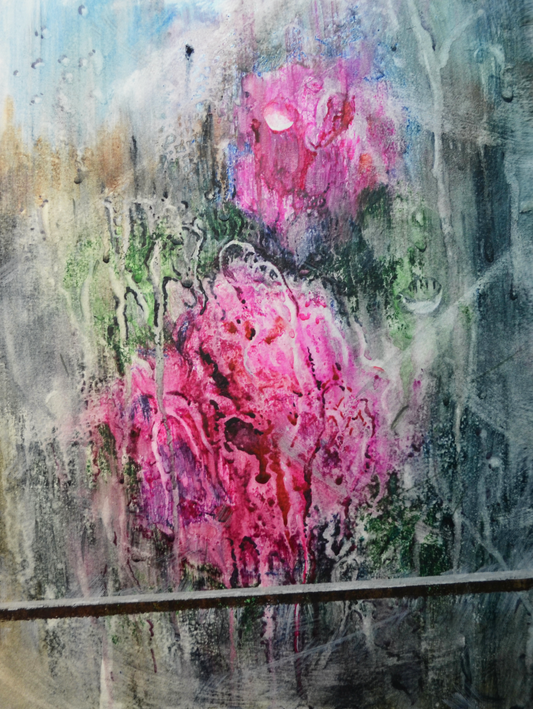 EQOP-R] JAY JACK JUNG (1955) - Original Painting - Expressionism Pink Rose Flowers