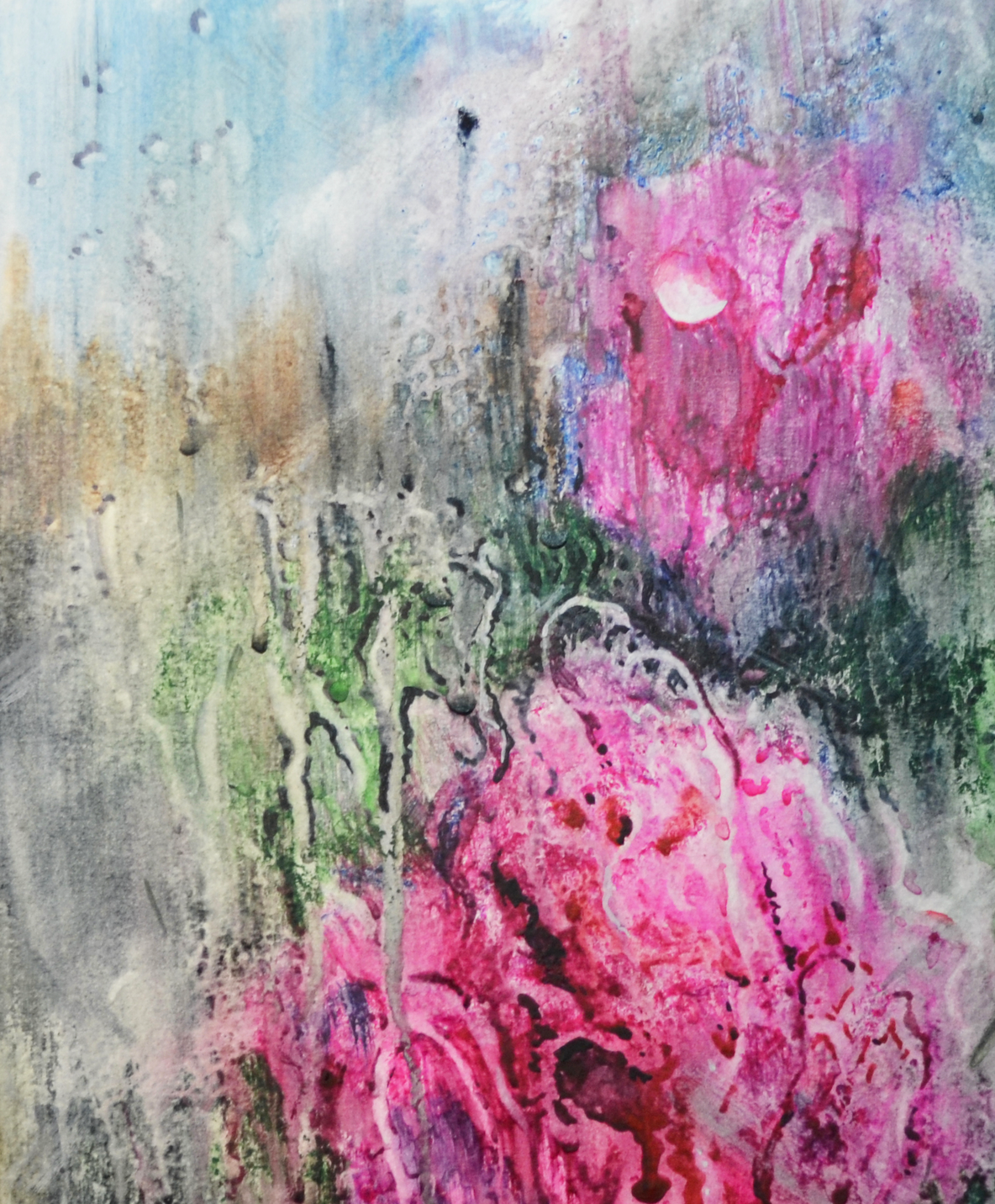 EQOP-R] JAY JACK JUNG (1955) - Original Painting - Expressionism Pink Rose Flowers