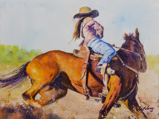 EQOP-F] JAY JACK JUNG (1955) - Original Painting - Expressionism Cowgirl Riding Horse