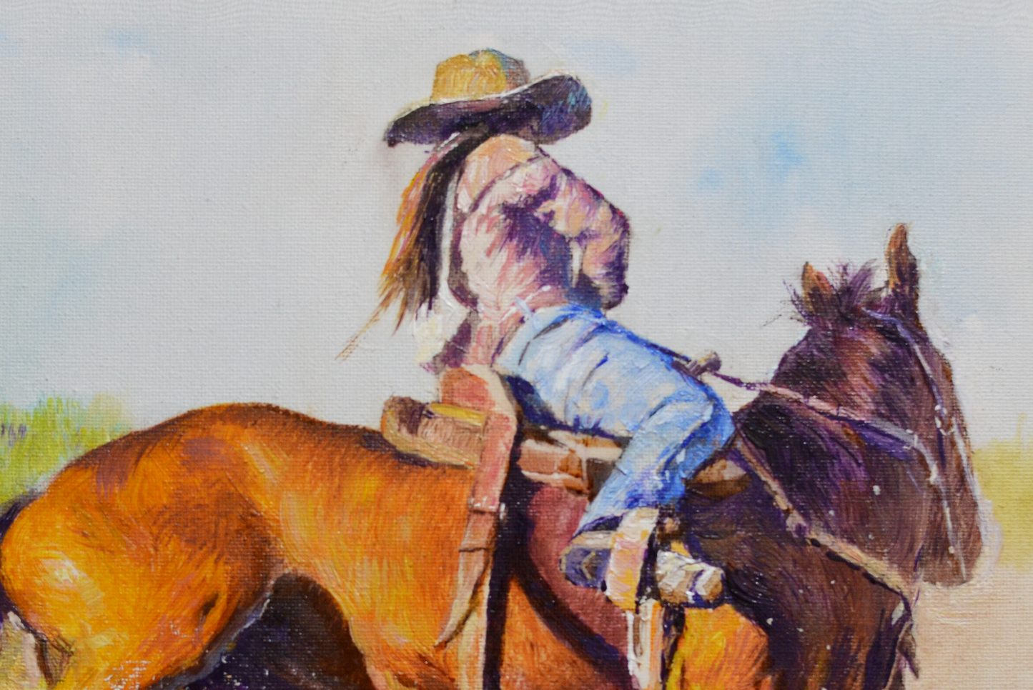 EQOP-F] JAY JACK JUNG (1955) - Original Painting - Expressionism Cowgirl Riding Horse