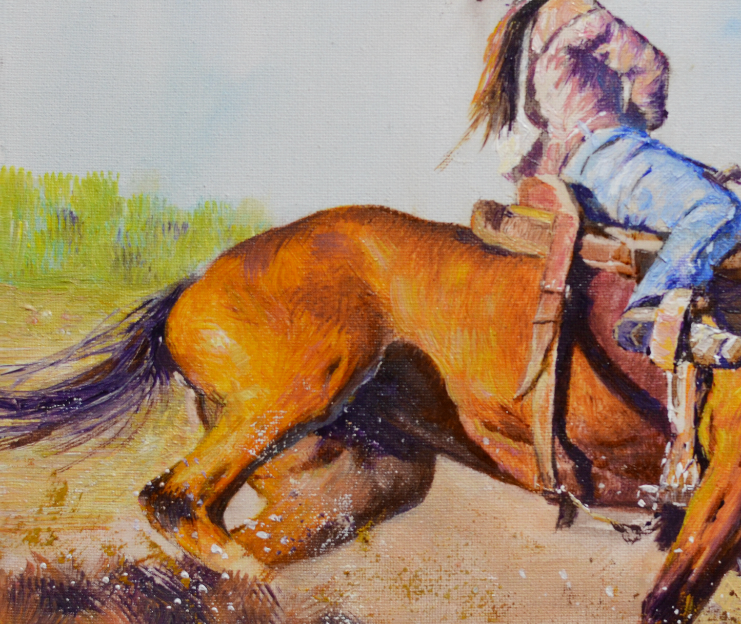 EQOP-F] JAY JACK JUNG (1955) - Original Painting - Expressionism Cowgirl Riding Horse