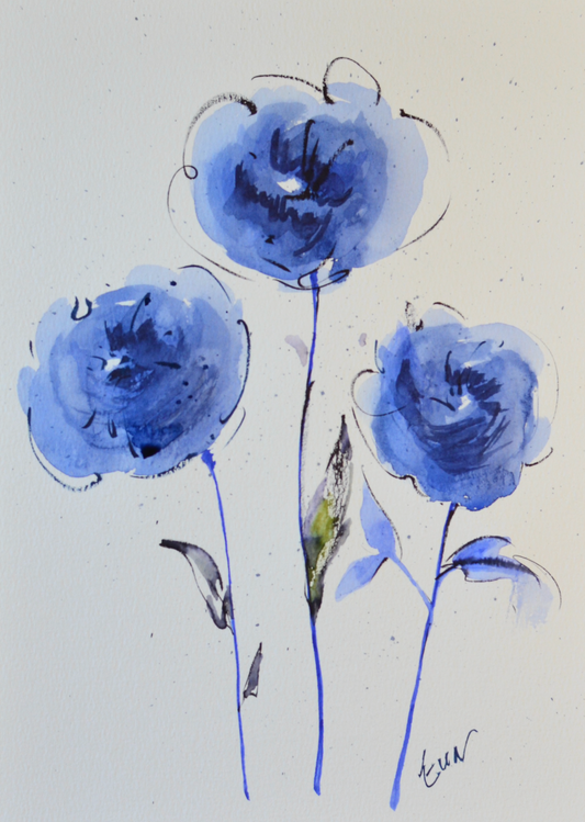 EQOP-R] EUN - Original Painting - Abstract Watercolor Blue Rose Flowers Painting