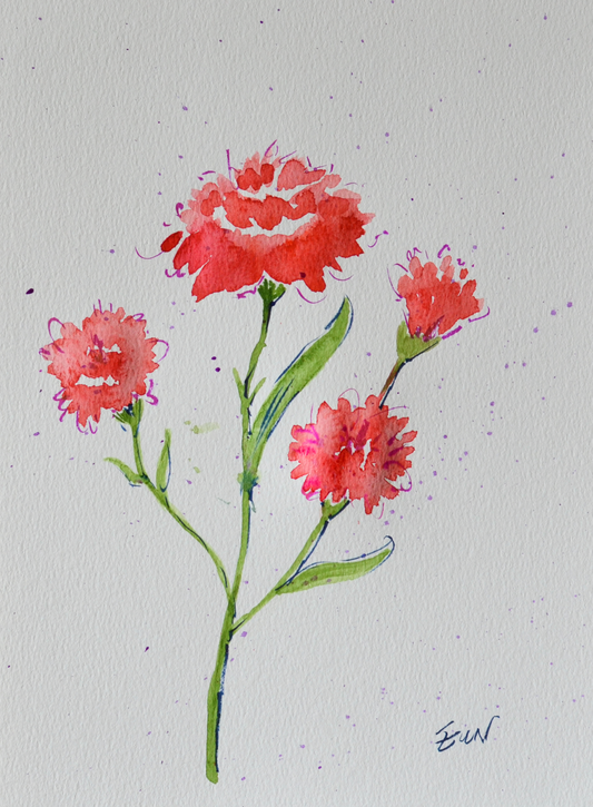 EQOP-R] EUN - Original Painting - Abstract Watercolor Red Carnation Flower Painting