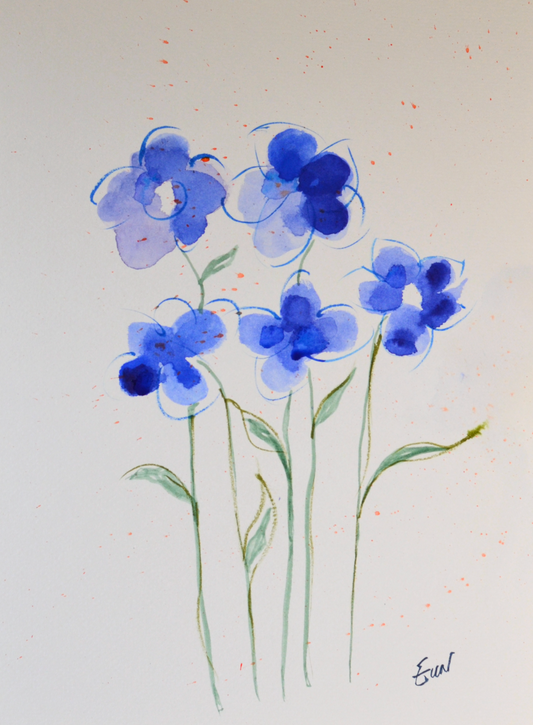 EQOP-R] EUN - Original Painting - Abstract Watercolor Blue Flowers Painting