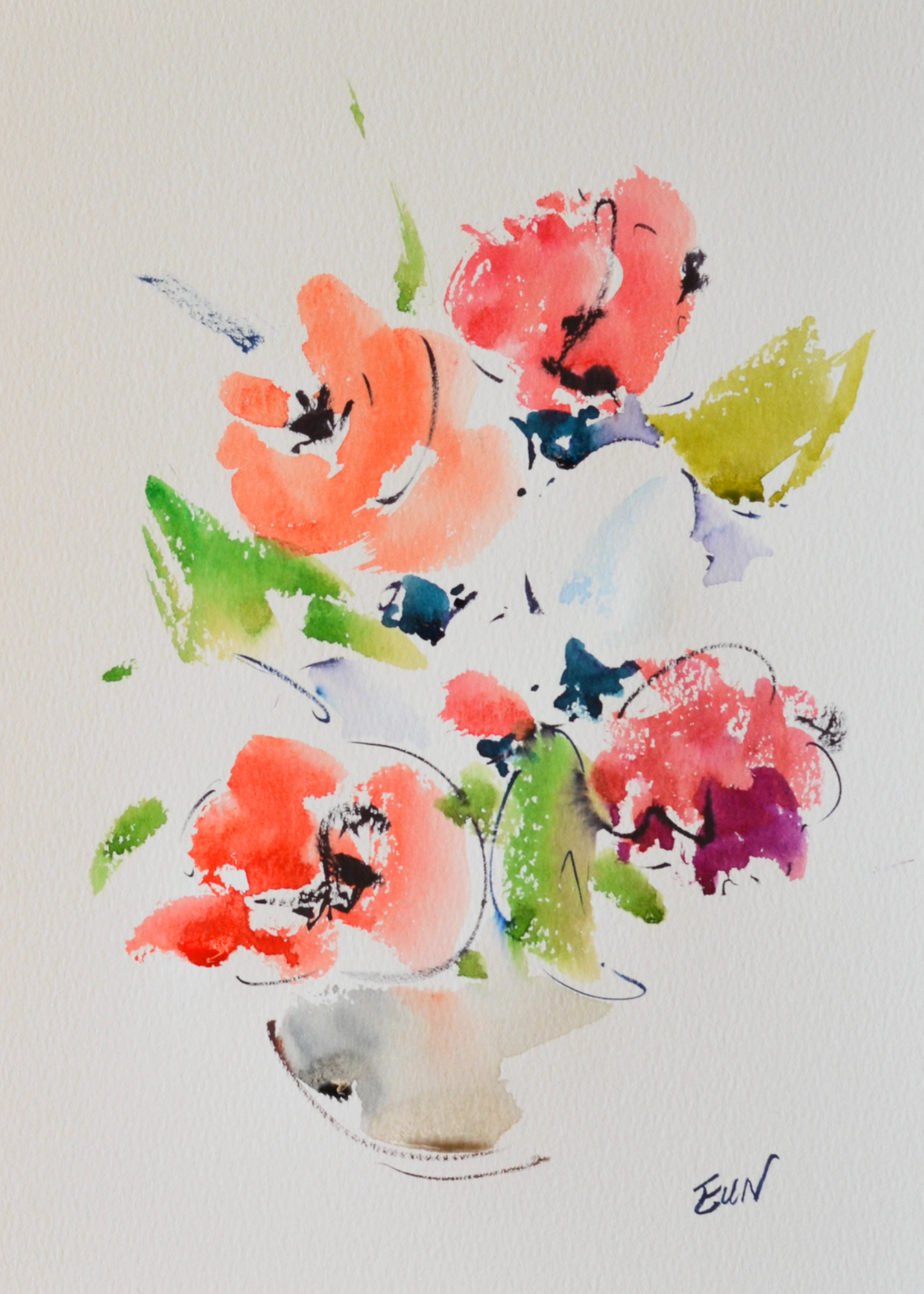 EQOP-R] EUN - Original Painting - Abstract Watercolor Flower Vase Painting