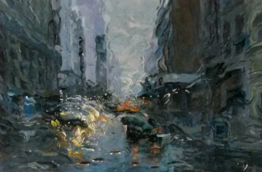 EQOP-C] JAY JACK JUNG (1955) - Original Painting - Cityscape Downtown New York City Rainy Day