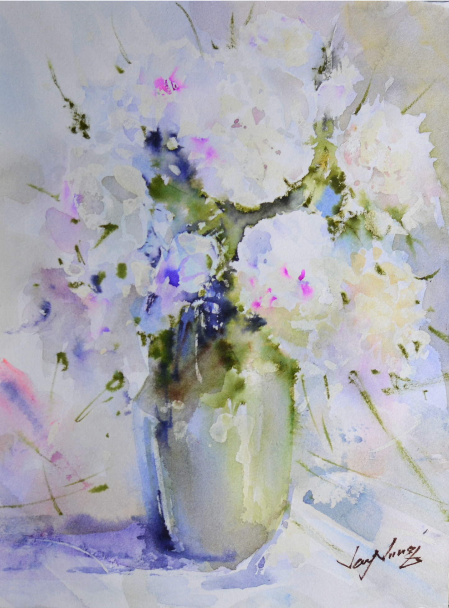 EQOP-R] JAY JACK JUNG (1955) - Original Painting - Impressionism Flower Vase Watercolor Painting