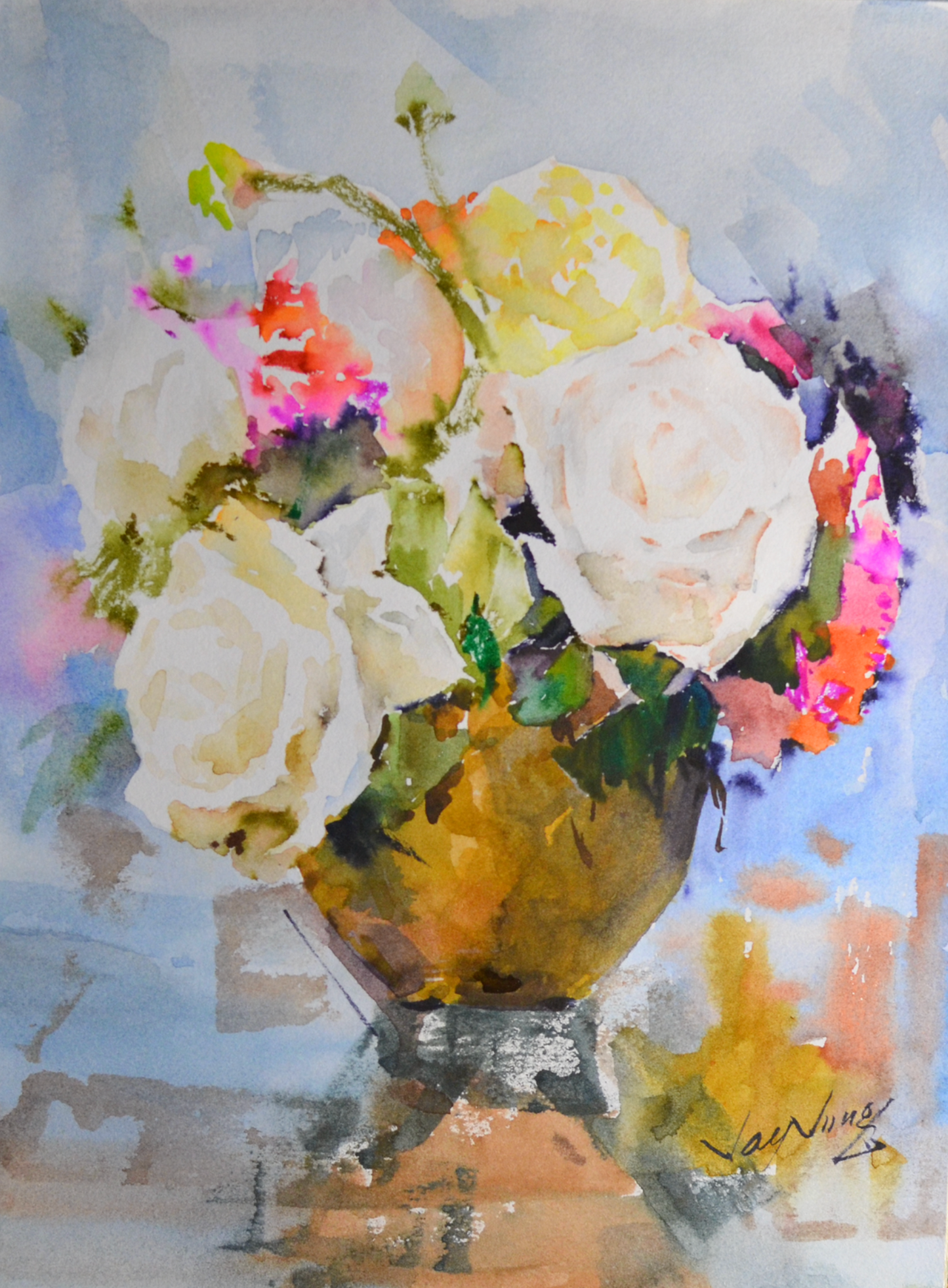 EQOP-R] JAY JACK JUNG (1955) - Original Painting - Impressionism Flower Vase Watercolor Painting