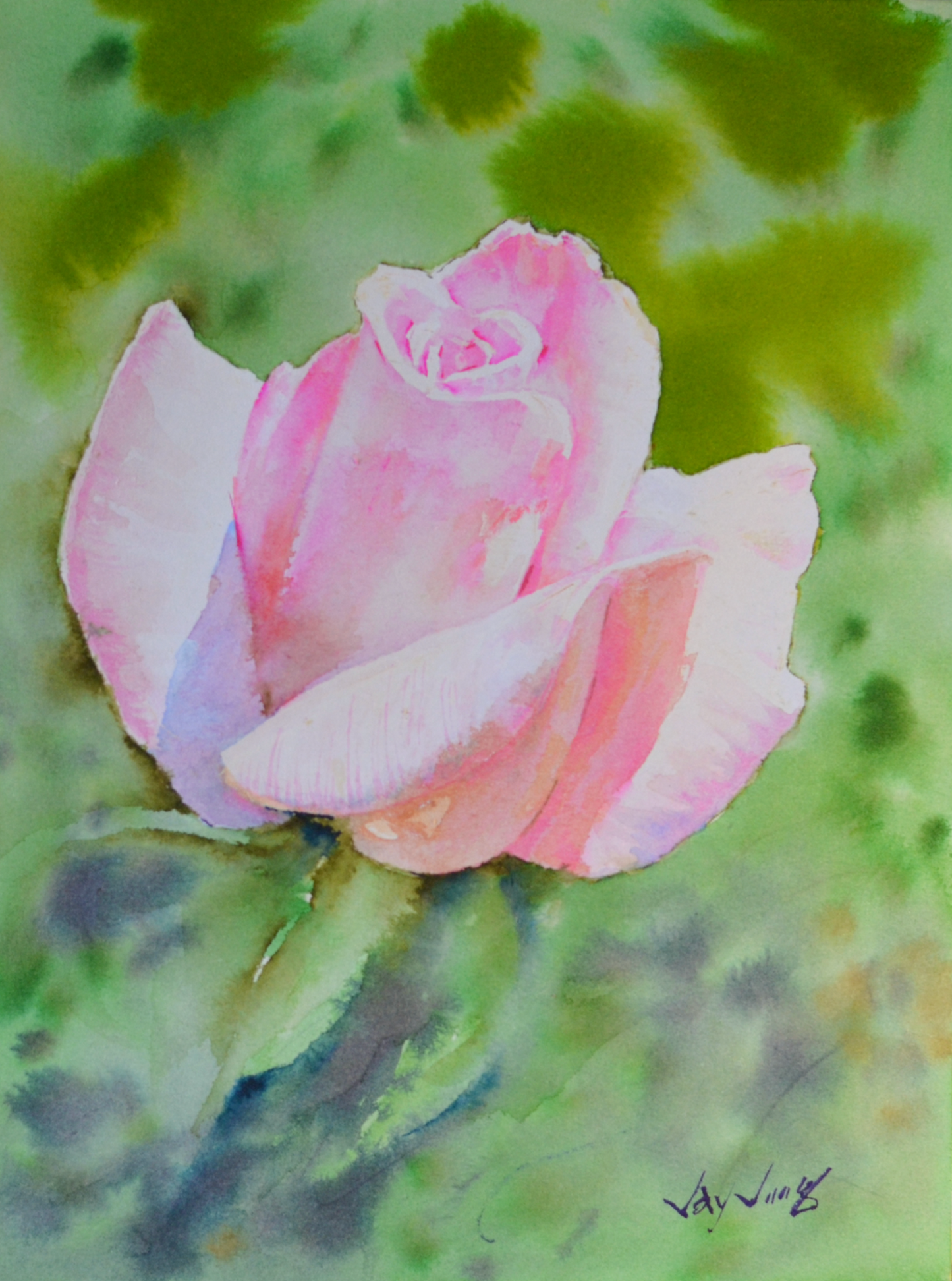 EQOP-R] JAY JACK JUNG (1955) - Original Painting - Realism Pink Rose Flower Watercolor Painting