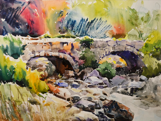 EQOP-L] JAY JACK JUNG (1955) - Original Painting - Bridge Over Stream Watercolor Landscape Painting