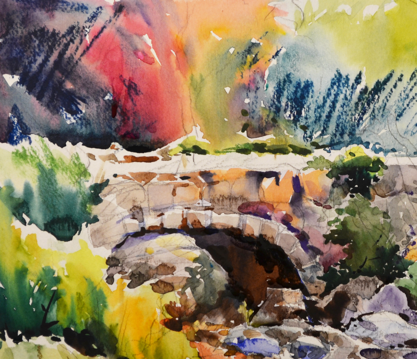 EQOP-L] JAY JACK JUNG (1955) - Original Painting - Bridge Over Stream Watercolor Landscape Painting