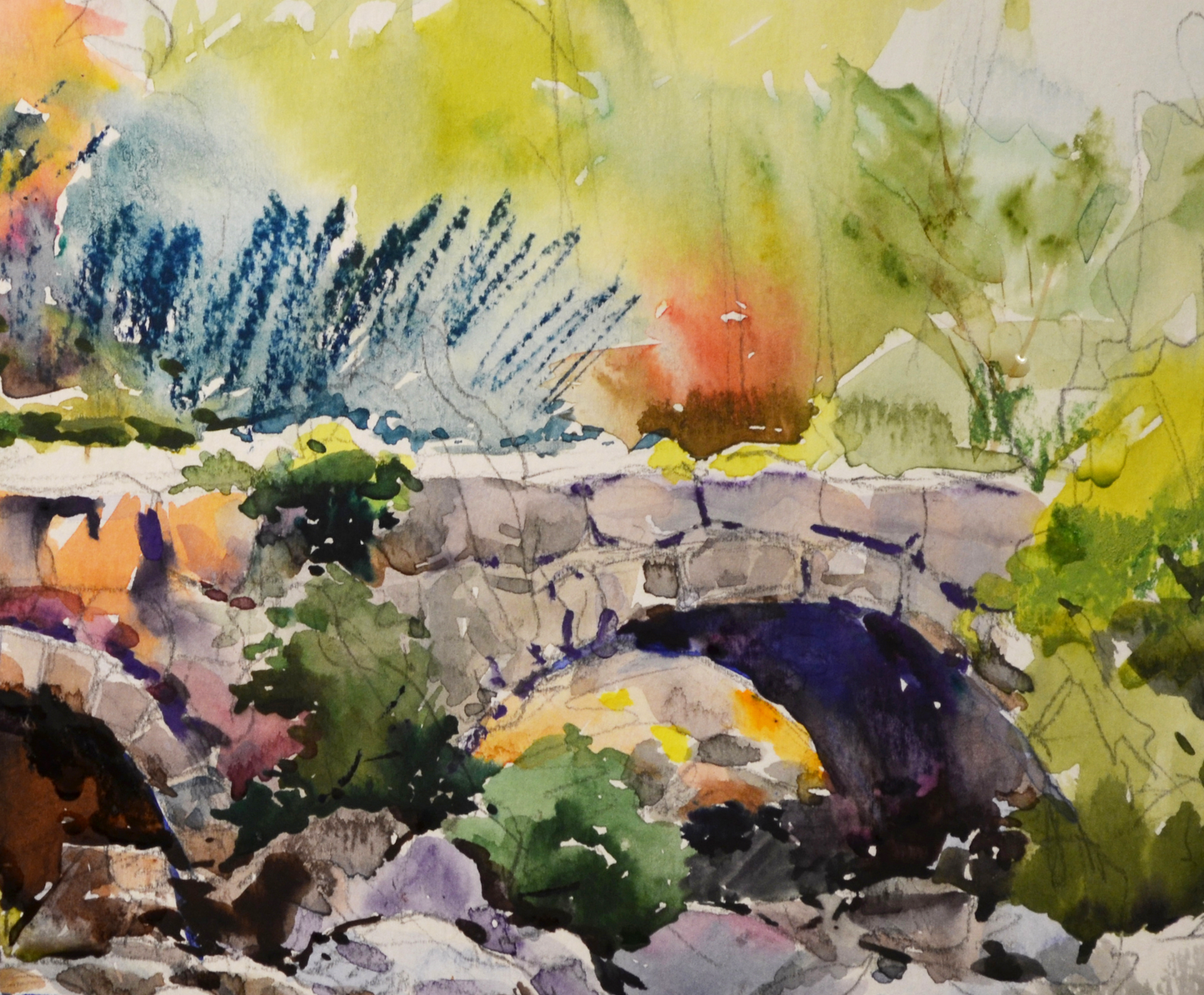 EQOP-L] JAY JACK JUNG (1955) - Original Painting - Bridge Over Stream Watercolor Landscape Painting