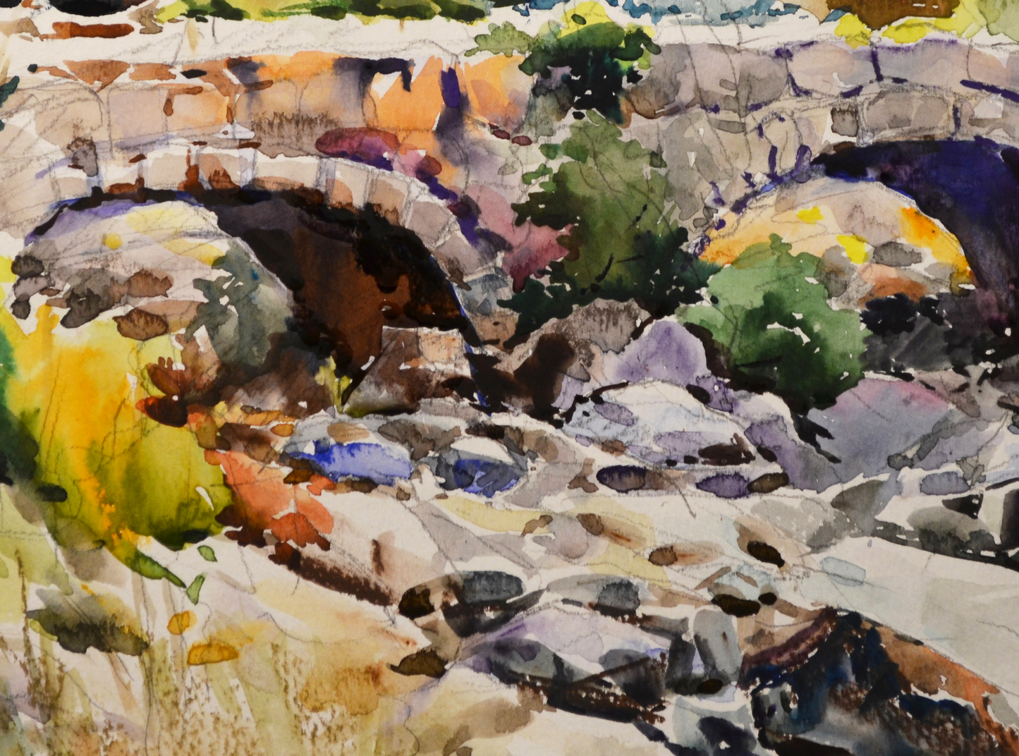 EQOP-L] JAY JACK JUNG (1955) - Original Painting - Bridge Over Stream Watercolor Landscape Painting