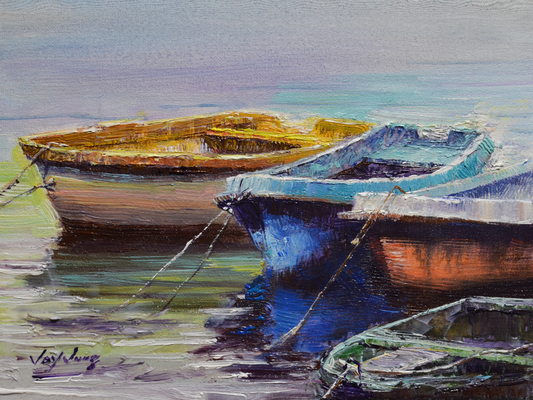 EQOP-S] JAY JACK JUNG (B.1955) - Original Painting - Impressionism Fishing Boats Seascape Painting