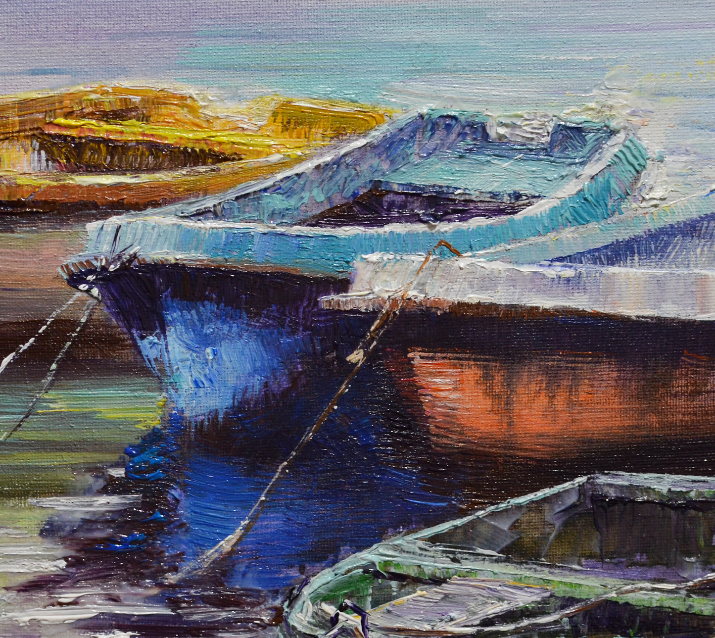 EQOP-S] JAY JACK JUNG (B.1955) - Original Painting - Impressionism Fishing Boats Seascape Painting