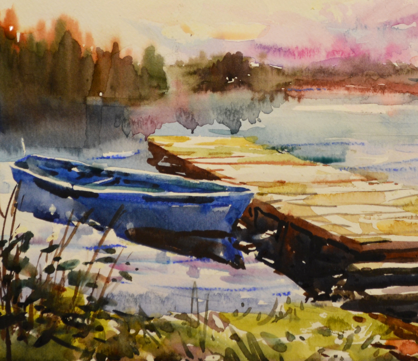 EQOP-L] JAY JACK JUNG (1955) - Original Painting - Autumn Lake Watercolor Landscape Painting